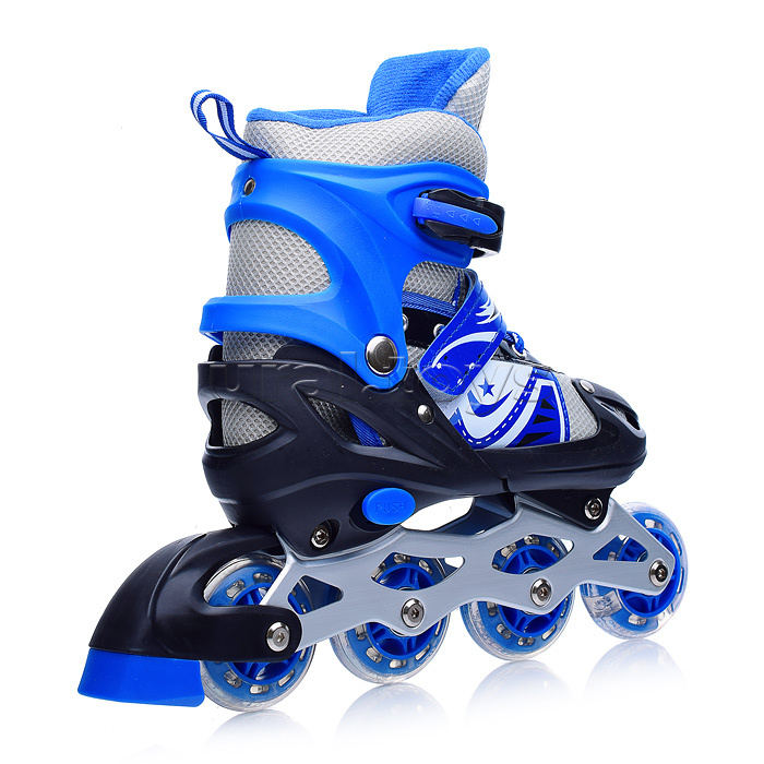 Ролики детские (размер M) черно-синие с белым, PU колёса со светом. в сумке