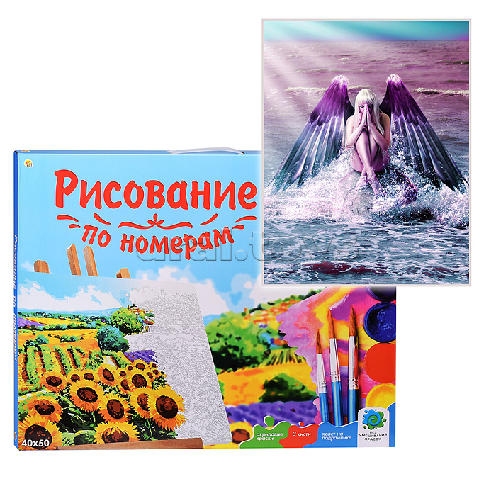 Холст с красками 40х50 по номерам "Ангел у моря" ( цв.) (в коробке) (23цв) Холст с красками 40х50 по номерам "Ангел у моря" ( цв.) (в коробке) (23цв)