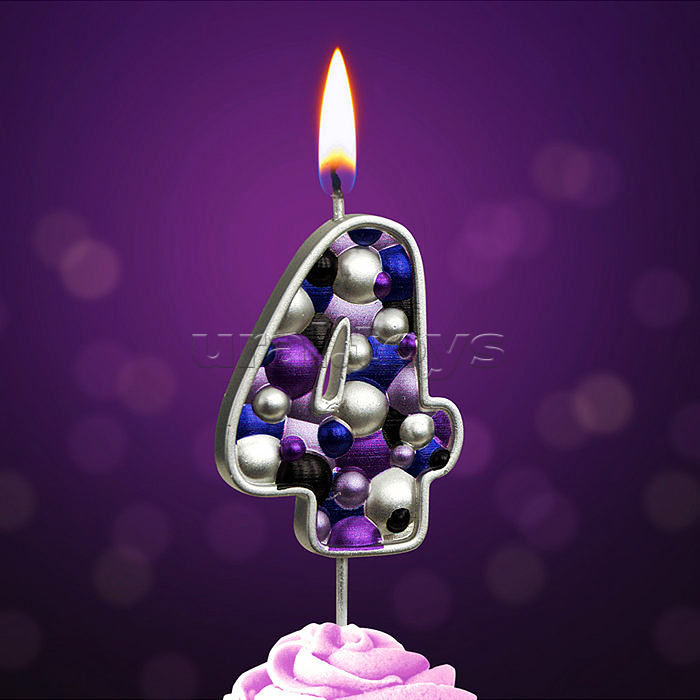 Свеча Цифра, 4 Пузырьки, на шпажке, Сиреневый, Металлик, 4*5,5 + 4 см, 1 шт. с держат.