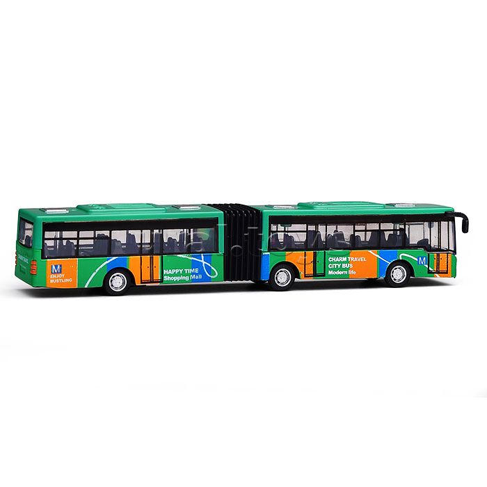 Автобус металлический городской с гармошкой, инерционный, масштаб 1:64 (зеленый)