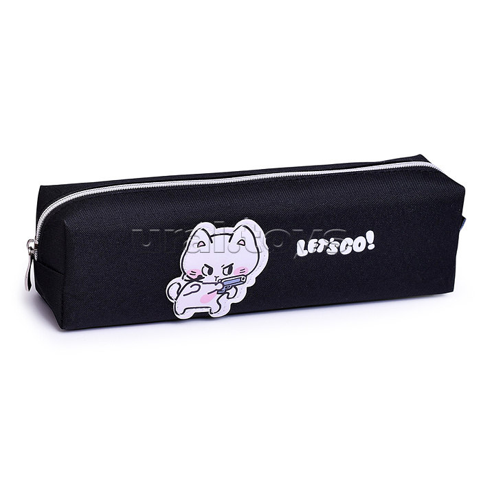 Пенал "Let's go" 21x6x4,5 см, плотный износостойкий полиэстер с водоотталкивающей пропиткой, отделение на молнии, прямоугольный для 30 предметов, с аппликацией из искусственной кожи, черный
