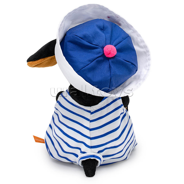 Собака Ваксон BABY в полосатом комбинезоне и панаме с якорем