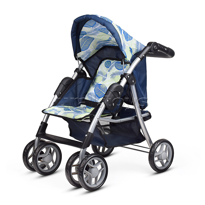 Коляска для кукол металл., складная, прогулочная с козырьком, с корзиной, принт листья