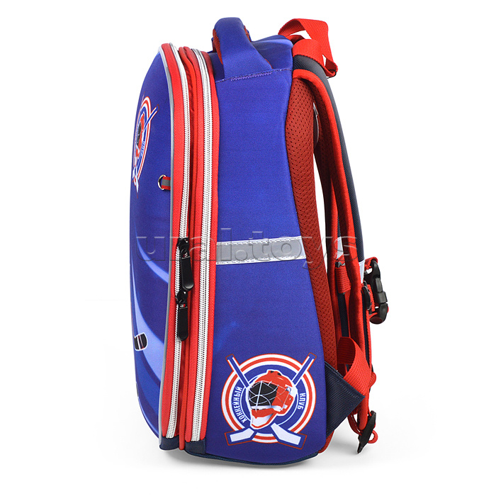 Рюкзак каркасный "Хоккей" формованный из полимеров, материал: нейлон, полиэстер, полноцветная печат, 2 отделения на молнии, 2 бегунка на каждой молнии, 1 вместительный боковой карман, светоотражатели , жесткая эргономичная спинка;  широкие, регулируемые п