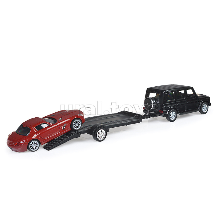 Набор 1:38, Mercedes-Benz G-Class, Mercedes-Benz SLS AMG, с прицепом, 2 шт. Набор 1:38, Mercedes-Benz G-Class, Mercedes-Benz SLS AMG, с прицепом, 2 шт.