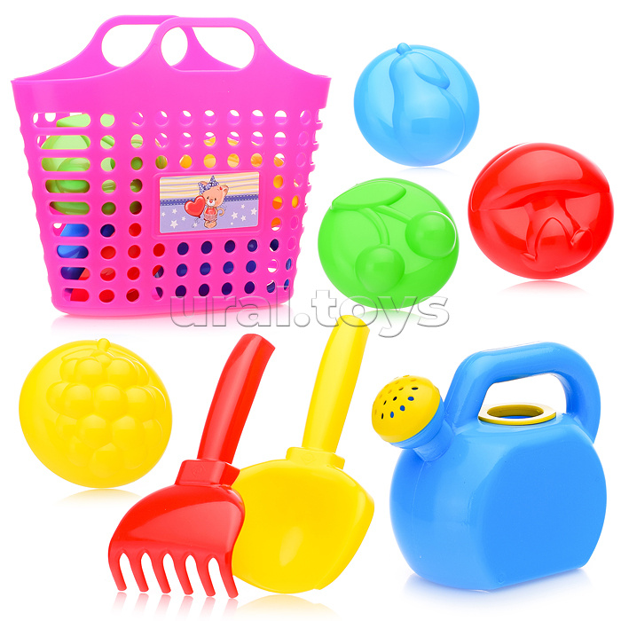 Песочный набор в корзинке "Садовый " ( 4 формочки, совок, грабли, леечка )