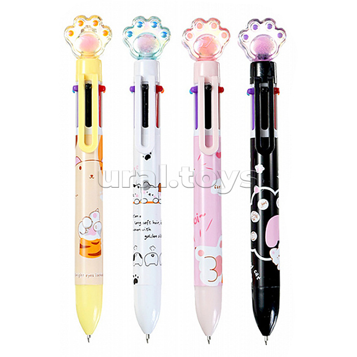 Ручка шариковая автоматическая "Лапка" 6 цв. (фиолетовый, черный, синий, красный, зеленый, жёлтый) пулевидный пиш.узел 0.7мм, корпус пластиковый цветной, сменный стержень 87 мм, картонный дисплей