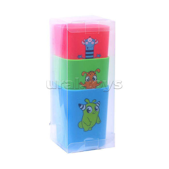 Набор подставок для пишущих принадлежностей "Monsters" 3 пластиковых подставки 6,9x6,9x8,9 см c цветным рисунком, в пластиковой подарочной коробке