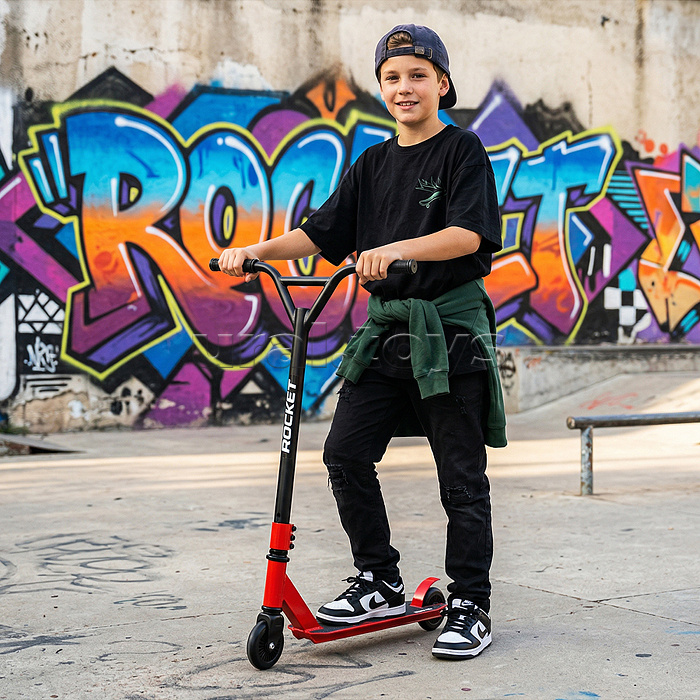 Самокат трюковый ROCKET колеса PU/пластик 100 мм,ABEC 7, красный (в пакете)