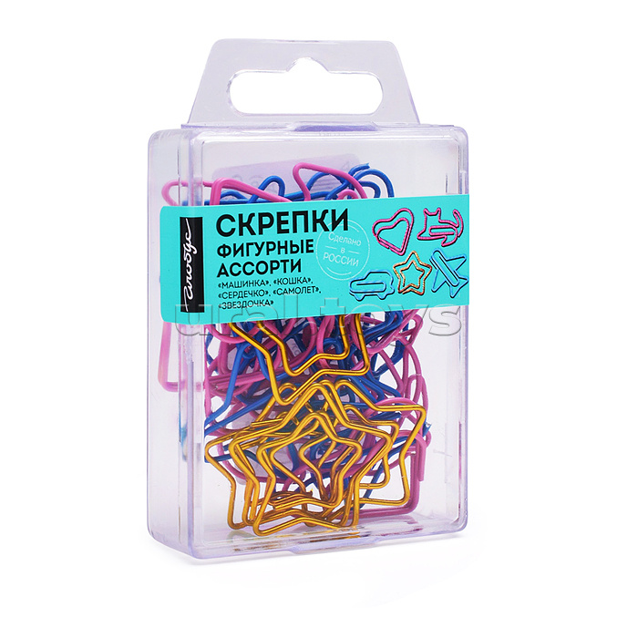 Скрепки фигурные ассорти 28-45 мм 25 шт., пластик. коробка, европодвес