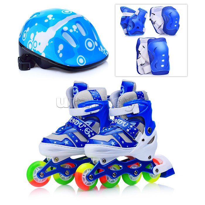 Ролики детские, M с комплектом защиты, цвет синий с белым, цветные колеса