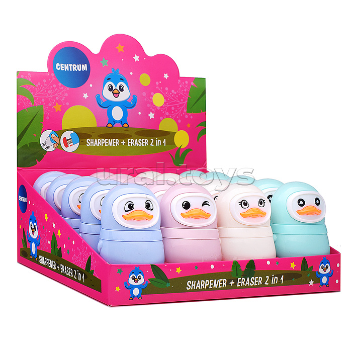 Точилка пластиковая с ластиком и контейнером "Penguin"