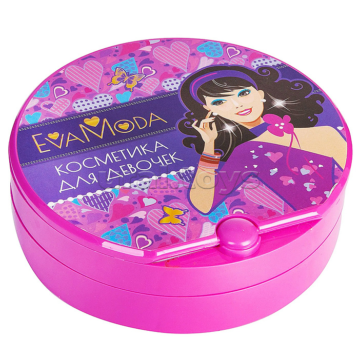 Набор детской декорат. косметики Eva Moda, BOX 26,8х25х4,8см, косметичка-диск 2-уровневая с зеркальцем, тенями для век (11 оттенков; 7,8г), блеском для губ (0,6г), лаком для ногтей (8г), помадами (3 цвета; 2,4г) и 3-мя заколками