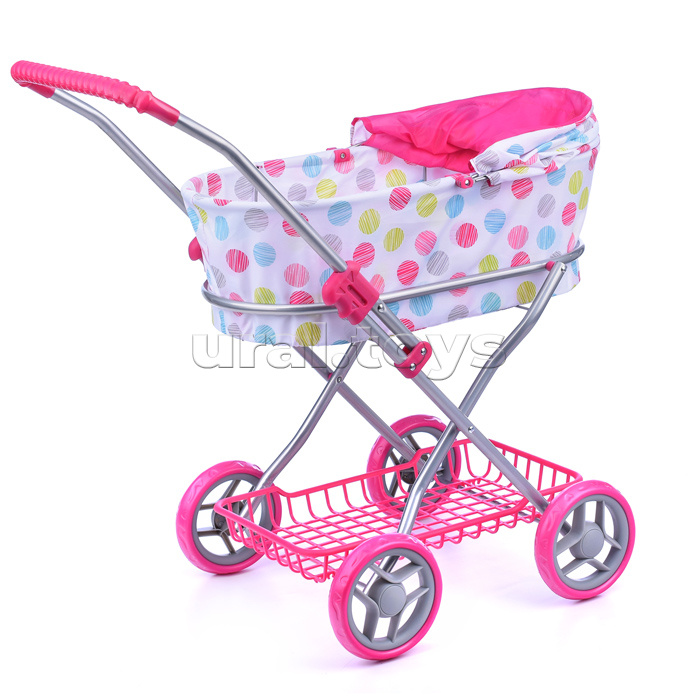 Коляска для кукол, металлическая, складная, прогулочная с капюшоном, с сумкой и корзиной , цве