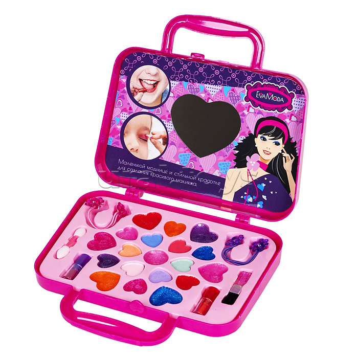 Набор детской декор. косметики Eva Moda, BOX 20х5,5х17,8см, косметичка-сумочка с бантиком, тени для век 7 оттенков (5,4г),помада 2 оттенка (1г), блеск для губ 12 оттенков (9,6г), аппликатор 1шт., кисточка 1шт., 2 резиночка для волос