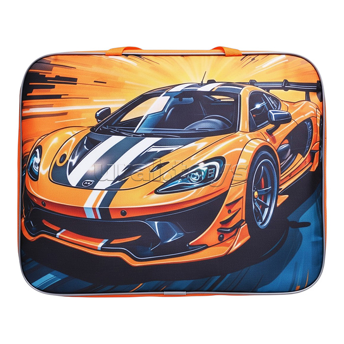 Папка школьника А4 с ручками + твердое дно, широкая, ткань, дизайн 335/260/60 "Оранжевая тачка"