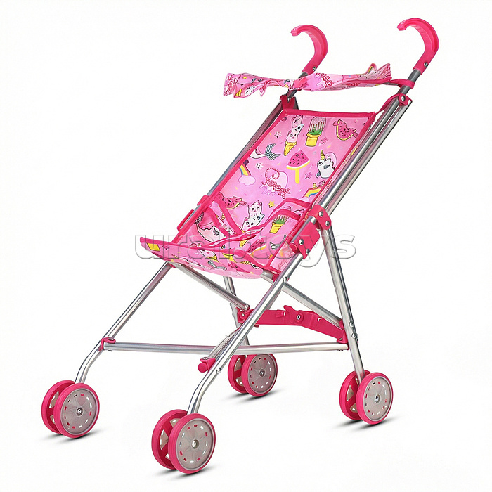 Коляская кукольная трость с крышей, металлическая, принт розовый мир