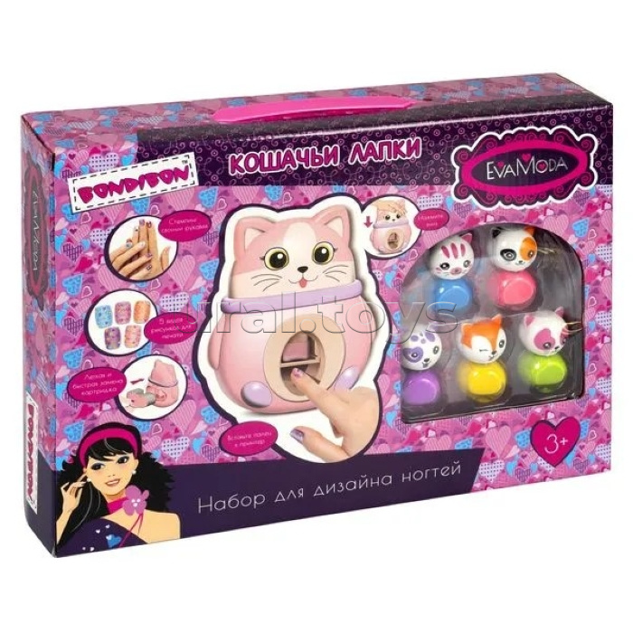 Игровой набор для дизайна ногтей Eva Moda "Кошачьи лапки", принтер-штамп в виде кошки, картриджи-узоры с дизайном 5шт.,лаки для ногтей 6 оттенков (24г), пилочка, разделитель для пальцев, самоклеящ.декор. стикеры, спонж