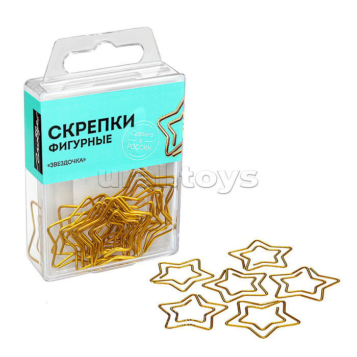 Скрепки фигурные звездочка L30 мм, 12 шт., пластиковая коробка, европодвес, золотые Скрепки фигурные звездочка L30 мм, 12 шт., пластиковая коробка, европодвес, золотые
