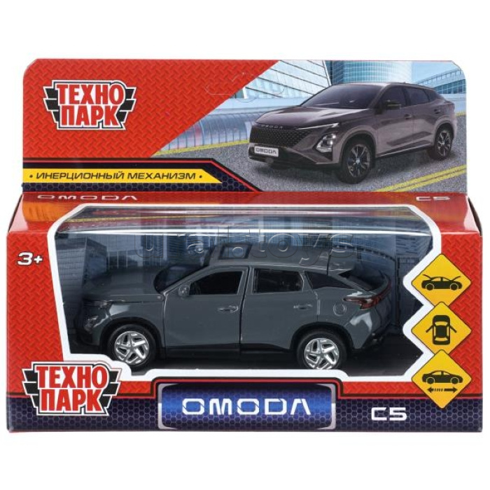Машина металл omoda c5 12 см, двери, капот, багажник, инерция, серый, в коробке
