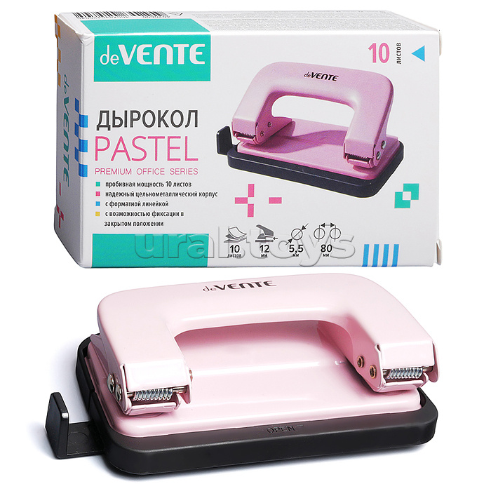 Дырокол "Pastel" (10 листов) металлический, с линейкой, в картонной коробке, розовый