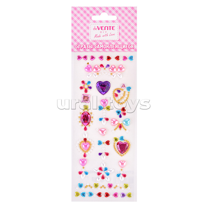 Стразы самоклеящиеся "Сердечки" акриловые, карточка 7,5x18 cм, цвета ассорти, в пластиковом пакете с блистерным подвесом