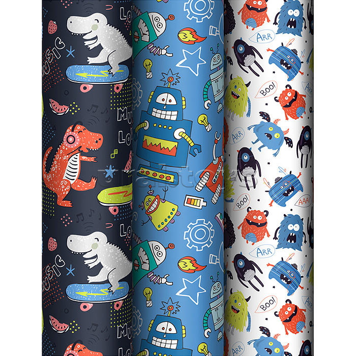 Упаковочная бумага глянц. 70*100см, "Monsters", 80 г/м2, ассорти, 3 дизайна Упаковочная бумага глянц. 70*100см, "Monsters", 80 г/м2, ассорти, 3 дизайна