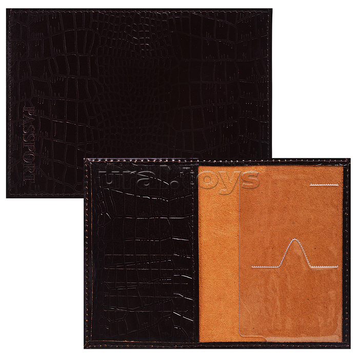 Обложка для паспорта "Attomex" 97x140 мм натуральная кожа шик под кожу крокодила, прозрачный ПВХ клапан с отделом для карты, кожаный клапан с 3-мя карманами для карт, коричневая