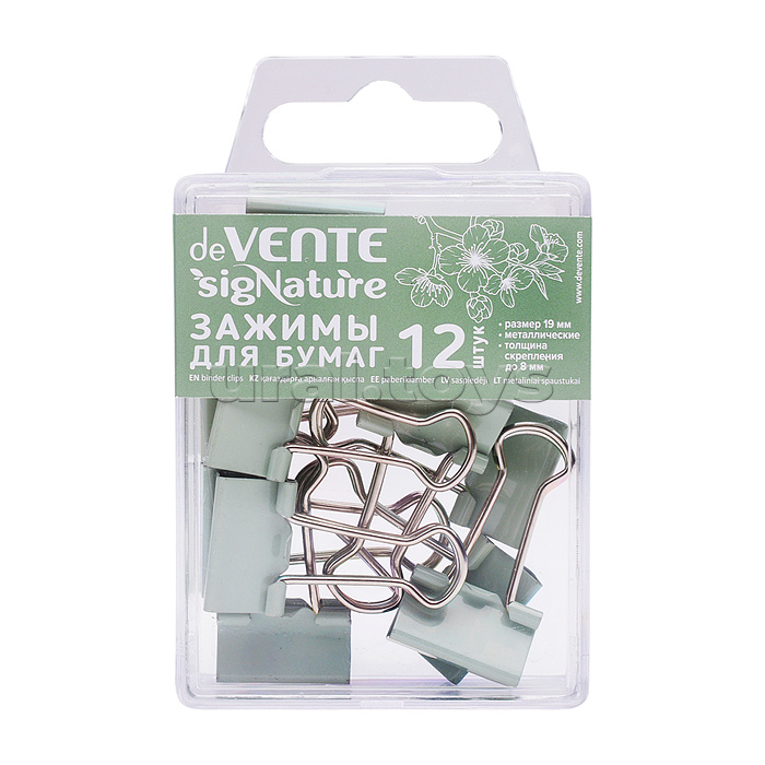 Зажим для бумаг "SigNature" металлический (19 мм) толщина скрепления до 8 мм, 12 шт в пластиковой коробке, цвет оливковый