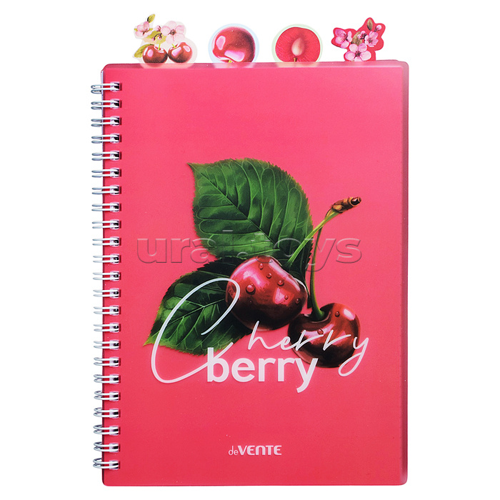 Тетрадь 80л. клетка "Fruits. Cherry" с разделителями А5 (145x208 мм) белая бумага 70 г/м² пластиковая обложка на гребне, цветная печать, 4 пластиковых разделителя с фигурной вырубкой и дизайном