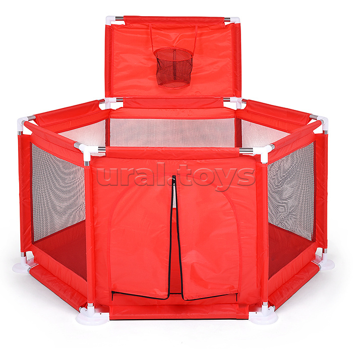 Манеж детский шестигранный с баскетбольным кольцом (113*130*65) цвет красный