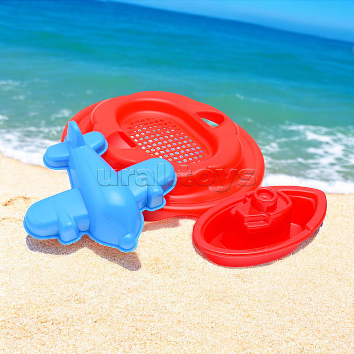 Набор Disney «Микки и Весёлые гонки» №12: ведро с наклейкой, ситечко "Солнышко", лопатка №5, грабельки №5, формочка (самолёт), кораблик "Юнга", лейка №10