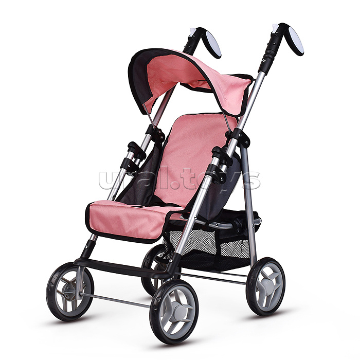 Коляска для кукол металлическая, складная, прогулочная с козырьком, с корзиной, цвет розовый