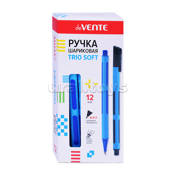 Ручка шариковая "Trio Soft" d=0,7 мм, ультра гладкое письмо, чернила на масляной основе, трехгранный корпус с покрытием Soft Touch, индивидуальная маркировка, сменный стержень, в картонной коробке, синяя