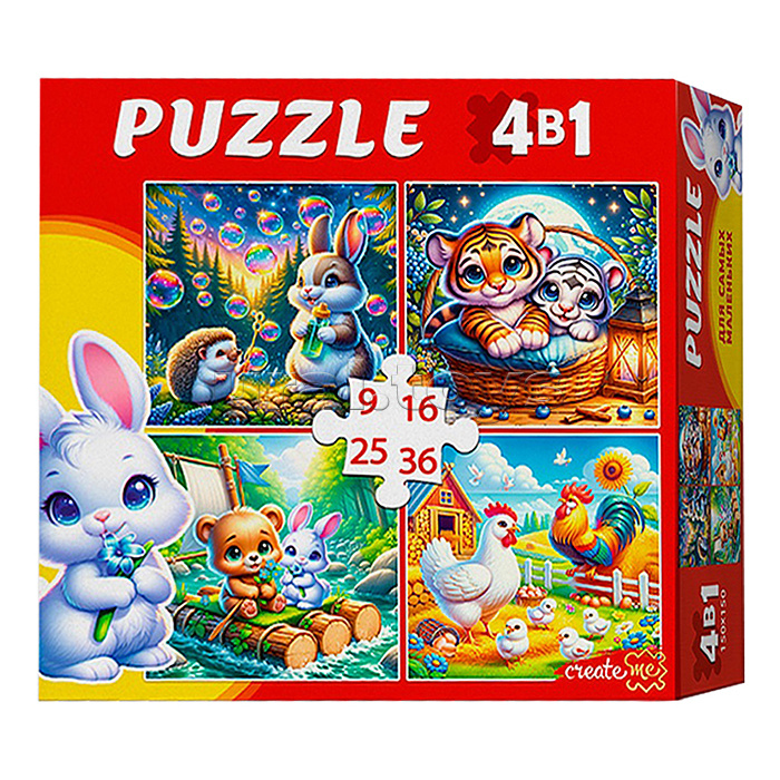 Пазлы 4 в 1 "Добрые зверята" (9,16, 25, 36 эл.)