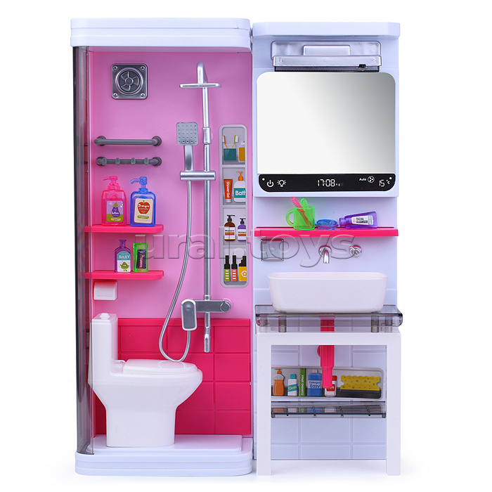 Набор мебели для кукол "Ванная комната" (унитаз, душ, раковина,зеркало) с аксессуарами, на батарейках, в коробке