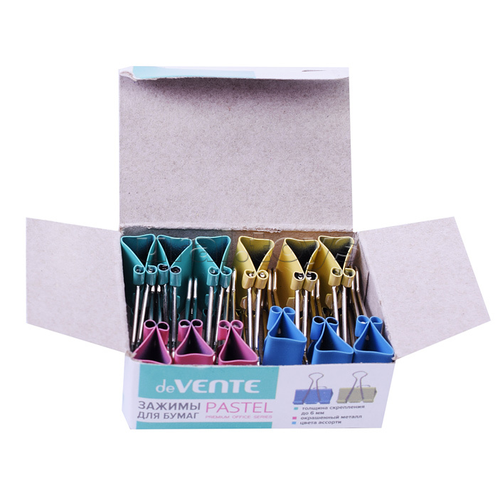 Зажим для бумаг "Pastel" металлический (32 мм) толщина скрепления до 13,5 мм, цветной ассорти, 12 шт в картонной коробке