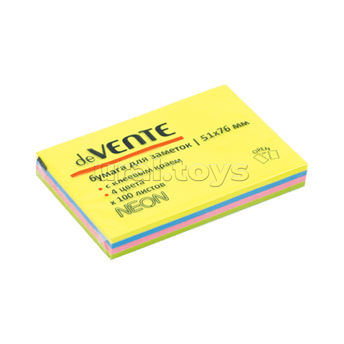 Клейкая бумага для заметок 51x76 мм, 100 листов, офсет 75 (70) г/м², 4 неоновых цвета