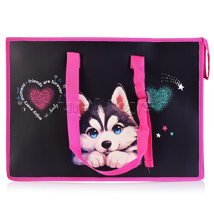 Папка для чертежей и рисунков "Cute Husky" A3 (467x338x100 мм) 500 мкм, с расширением 10 см, с внутренним карманом на молнии для кистей, с регулируемыми ручками, с рисунком, индивидуальная упаковка
