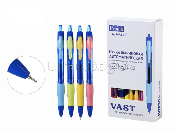 Ручка шариковая автоматическая VAST, синяя, Jambo чернила на масляной основе, игольчатый пиш.узел 0.7мм, корпус пластиковый цветной, с мягким грипом из синтетического каучука, с увеличенным запасом чернил, сменный стержень 113 мм, ассорти 4 цвета, картон