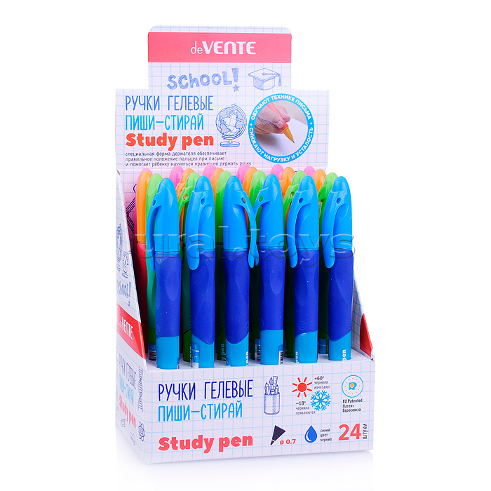 Ручка гелевая стираемая "Study Pen" обучающая письму, для правшей, d=0,7 мм, с каучуковым держателем, с ластиком в колпачке, сменный стержень, с индивидуальной маркировкой, в картонном дисплее, синие чернила Ручка гелевая стираемая "Study Pen" обучающая письму, для правшей, d=0,7 мм, с каучуковым держателем, с ластиком в колпачке, сменный стержень, с индивидуальной маркировкой, в картонном дисплее, синие чернила