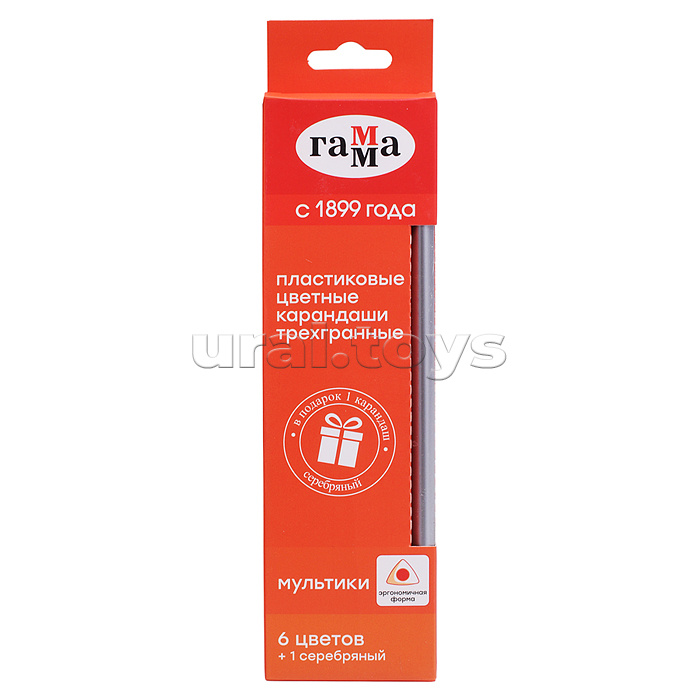 Карандаши цветные "Гамма" 6цв. + 1 серебряный, пластиковые, трехгранные, заточенные, картон.,