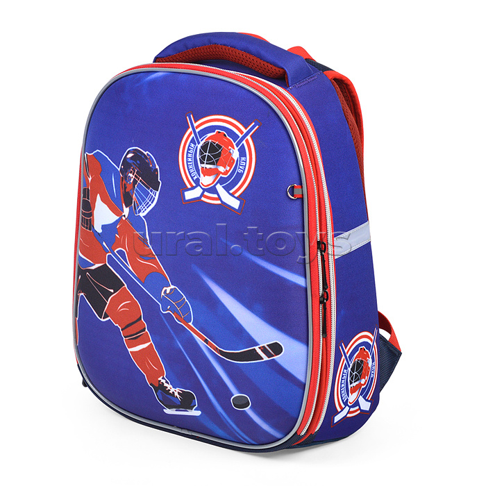 Рюкзак каркасный "Хоккей" формованный из полимеров, материал: нейлон, полиэстер, полноцветная печат, 2 отделения на молнии, 2 бегунка на каждой молнии, 1 вместительный боковой карман, светоотражатели , жесткая эргономичная спинка;  широкие, регулируемые п