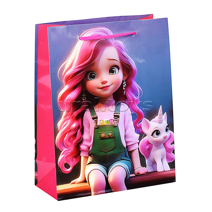 Пакет подарочный с глянцевой ламинацией 18x23x8 см (М) Розоволосая девочка с единорогом 128 г