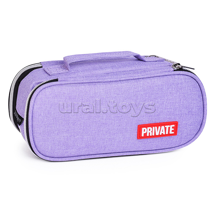 Пенал "Private" 22x9x8 см, овальный для 100 предметов, 3 отделения на молнии, 2 отделения с внутренним органайзером, текстильный, с ручкой, с каучуковой аппликацией, сиреневый Пенал "Private" 22x9x8 см, овальный для 100 предметов, 3 отделения на молнии, 2 отделения с внутренним органайзером, текстильный, с ручкой, с каучуковой аппликацией, сиреневый