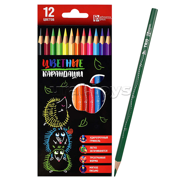 Набор цветных карандашей 12 цв. "Ежики с яблоком" деревянные трехгранные