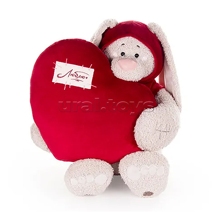 Заяц Вито в бордовой кофте, с сердцем подушкой бордовой, 37см