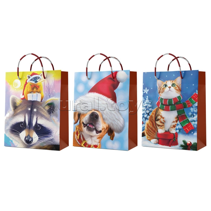 Пакет подарочный "Новогодние зверушки" ламинированный бумажный 25х25см, ручки - полипропиленовые веревки