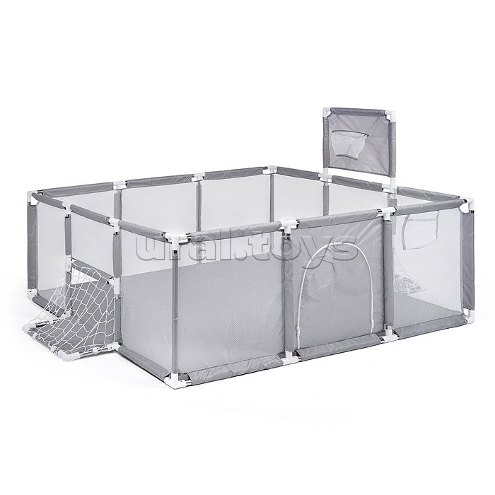 Манеж детский прямоугольный с баскетбольным кольцом и воротами (120*180*60) цвет серый