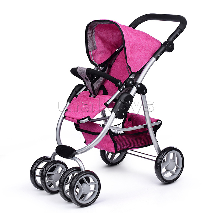 Коляска-трансформер для кукол, металлическая, регулируемая ручка, с корзиной, цвет розовый
